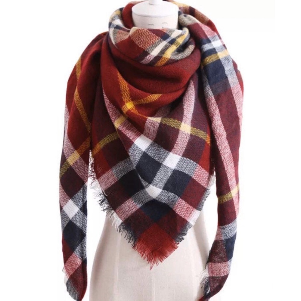 Tartan Plaid Triangle Scarf Red Multi